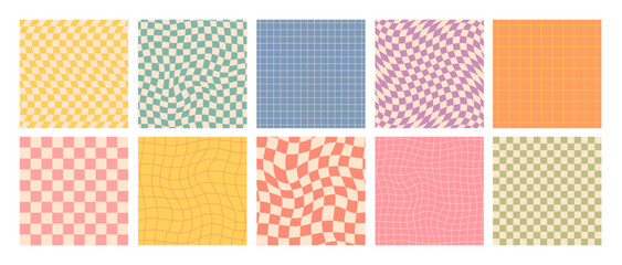 Groovy checkered seamless patterns, vintage aesthetic backgrounds, psychedelic checkerboard texture. Funky hippie fashion textile print, retro background with distorted grid tile vector pattern set - obrazy, fototapety, plakaty