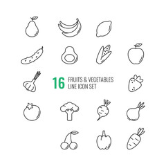 Fruits and vegetables line icon set. Black icons on white. Pear, banana, lemon, cucumber, avocado, corn, apple, garlic, strawberry, tomato, broccoli, beet, onion, cherry, sweet pepper, carrot.