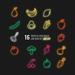Fruits and vegetables line icon set. Neon icons on black. Pear, banana, lemon, cucumber, avocado, corn, apple, garlic, strawberry, tomato, broccoli, beet, onion, cherry, sweet pepper, carrot.