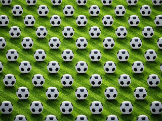 Group of soccer balls on football pitch.