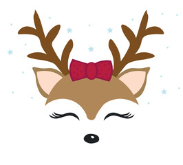 Cute reindeer. Baby deer. Merry Christmas cartoon character. Girl with red bow