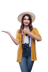 Asian woman with a hat and camera with open palm pointing at something