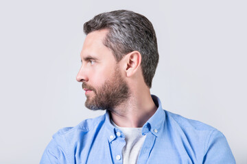 caucasian bearded man with beard isolated on grey background. bearded man