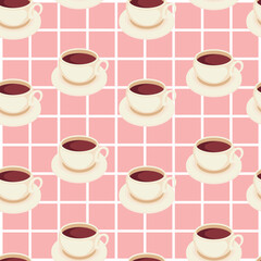 Seamless vector pattern with coffee cups on a pink checkered tablecloth background