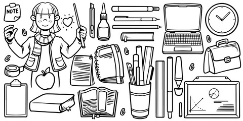 Fototapeta premium Doodle school objects. Hand drawing of teacher equipment set isolated on white background.