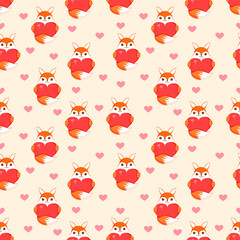 Seamless pattern with foxes and hearts. Vector texture illustration for valentine's day and other holidays for postcard, textile, decor, paper, texture, wrapping.