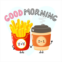 Cute happy coffee and french fries card. Vector hand drawn doodle style cartoon character illustration icon design. Happy coffee and french fries friends concept card
