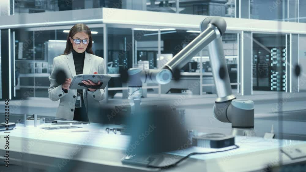 Poster young beautiful female engineer using a tablet computer, researching and developing a futuristic rob