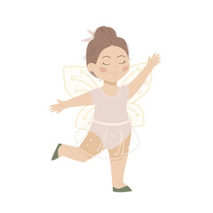 Girl learning to dance. Little character dancing in a dress with wings on her back. Favorite activity for kids. Flat vector cartoon illustration