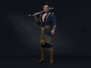 3D Render : portrait of the fantasy male elf character standing in the studio and armed with sword