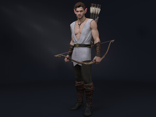 3D Render : portrait of the fantasy male elf character standing in the studio armed with bow and arrows © Tritons