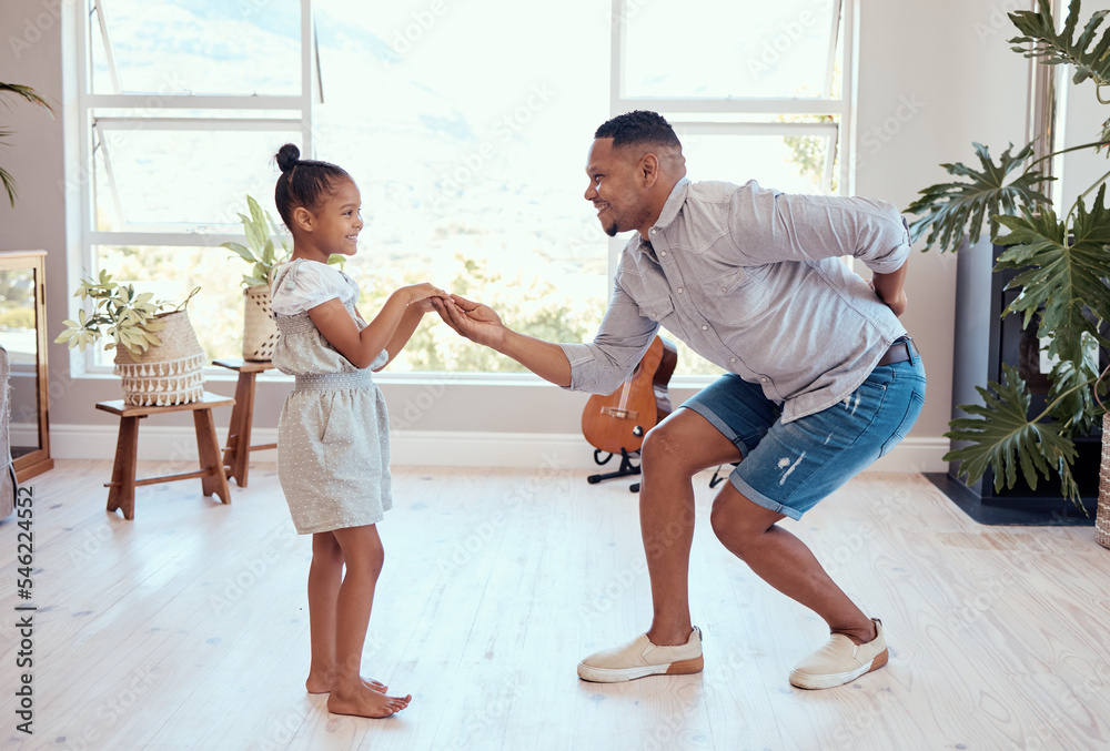 Canvas Prints Dad, daughter and dance in home together on floor with love, bonding and care with smile in happy family. Black family, dancer father and girl child in living room for dancing, movement and happiness