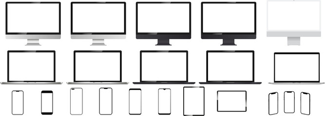 Realistic mock up set computer, laptop, tablet and phone on transparent background. Device screen mockup collection. PNG image