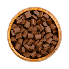 Chocolate chunks, in a wooden bowl. Chips and small morsels of milk chocolate, used as an ingredient in a number of sweet desserts, notably chocolate chip cookies and muffins, or also in trail mix.