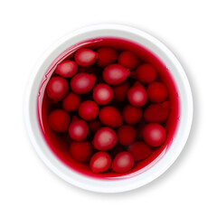 Compote of blue grapes, in a white bowl. Homemade dessert, made of blue grapes, freshly picked from the garden, boiled with sugar. Close-up, from above, isolated on white background, macro food photo.