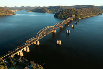 Aerial view of the Hawkesbury River Railroad Bridge which crosses the Hawkesbury River near Brooklyn, NSW, Australia.