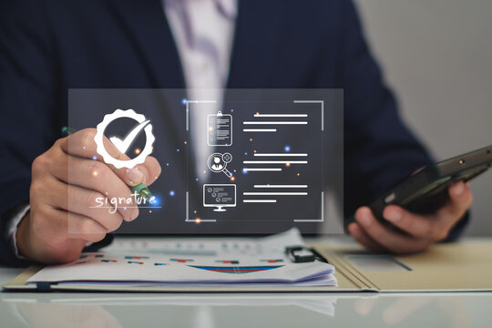 Quality Assurance Concept. Business people show high quality assurance mark, good service, premium, digital signature, premium service assurance, excellence service, high quality, excellence guarantee