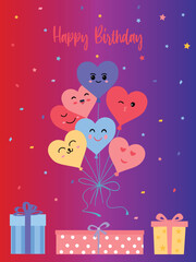 Heart shaped balloons in kawaii style. Happy birthday inscription and gift boxes. Vector illustration isolated on white background.
