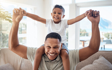 Portrait, father and son on shoulder, smile and happy being loving, bonding and playful together in lounge. Love, black dad and boy child with happiness, spend quality time and joyful in living room.