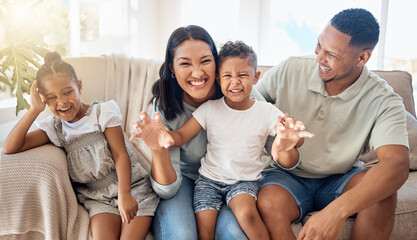 Love, black family and being happy, silly and have fun together on couch in living room. Parents,...