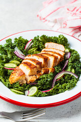 Grilled chicken salad with kale, cucumber, radish and onion. Healthy protein food, low carb diet.