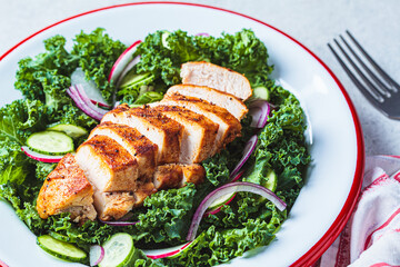 Grilled chicken salad with kale, cucumber, radish and onion. Healthy protein food, low carb diet.