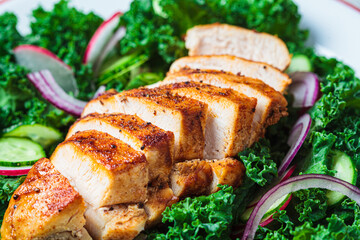 Grilled chicken salad with kale, cucumber, radish and onion. Healthy protein food, low carb diet.