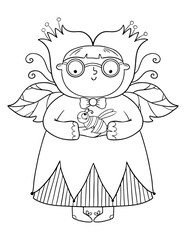 Comic illustration with flower kid for coloring page. Outline illustration on white background for book design.