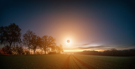 Fototapeta na wymiar total solar eclipse during sunrise over a green field and trees along the road