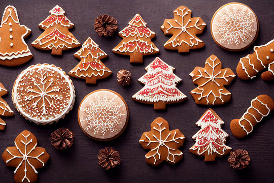 Gingerbread cookies hanging over wooden background
