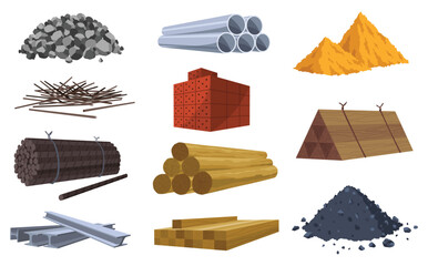 Building materials. Construction concept. Illustrations can be used for construction sites or illustrate renovation works. Bricks, planks, metal, sand and stone pipes vector set - obrazy, fototapety, plakaty