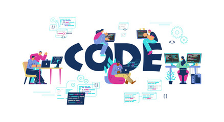 Code typographic header with tiny people programming - flat vector illustration isolated on white background.