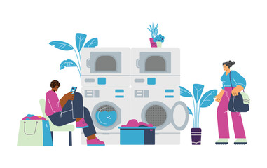 Women in public laundry room, flat vector illustration isolated on white background.