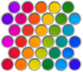 Paint cans color spectrum, top view isolated