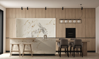 Modern interior design of living room with kitchen and dining room. Luxurious apartment background with contemporary design. Wall mock up. 3D render, 3D illustration.