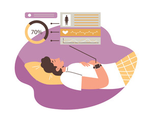 Smart watches with sleep tracking function, man sleeps on couch - flat vector illustration isolated on white background.