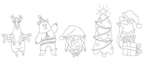 Vector coloring book for children in the New Year style. Christmas tree, santa claus, a bear in a sweater and a deer with Christmas toys