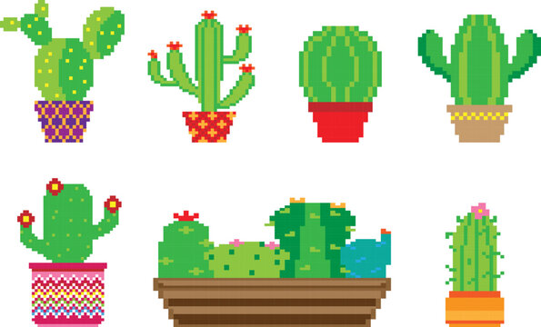 cactus plant pack. 7 cactus plant set. vector illustration. cute cactus plant pixel art.