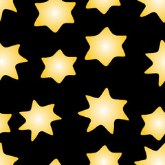 Vector Seamless pattern with contour yellow stars isolated on black background. Magic texture of the night sky, space