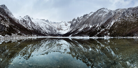 Andes mountain chain and lake Laguna Esmeralda near Ushuaia in Tierra del Fuego, Argentina