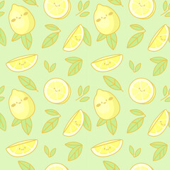 Seamless vector pattern with cute kawaii lemons.