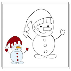 Coloring book for children. Draw a cute cartoon snowman based on the drawing. Vector illustration