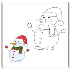 Coloring book for children. Draw a cute cartoon snowman based on the drawing. Vector illustration