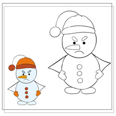 Coloring book for children. Draw a cute cartoon snowman based on the drawing. Vector illustration