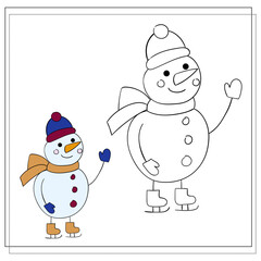 Coloring book for children. Draw a cute cartoon snowman based on the drawing. Vector illustration