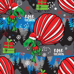 Cristmas Dinosaur t-rex seamless vector pattern. Cool hand drawn background for textille, wrapping paper, kids apparel and more