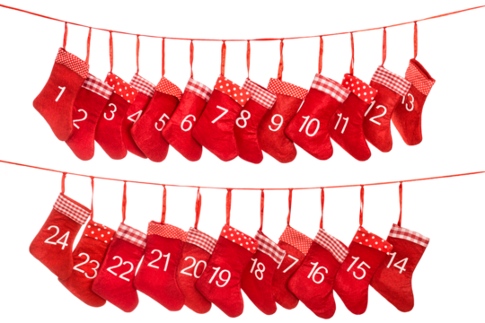 PNG Advent calendar 1-24. Red Christmas stocking isolated