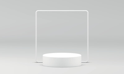 Cylinder pedestal white squared frame showcase product presentation 3d design realistic vector