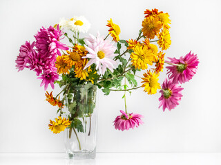 bouquet of colorful bright chrysanthemums on a white background