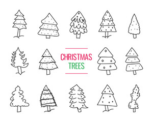 Hand drawn set of Christmas trees. Abstract doodle drawing of Christmas trees. Vector art illustration
